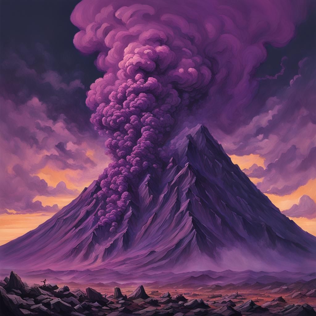 Purple smoke monster rising from an erupting volcano