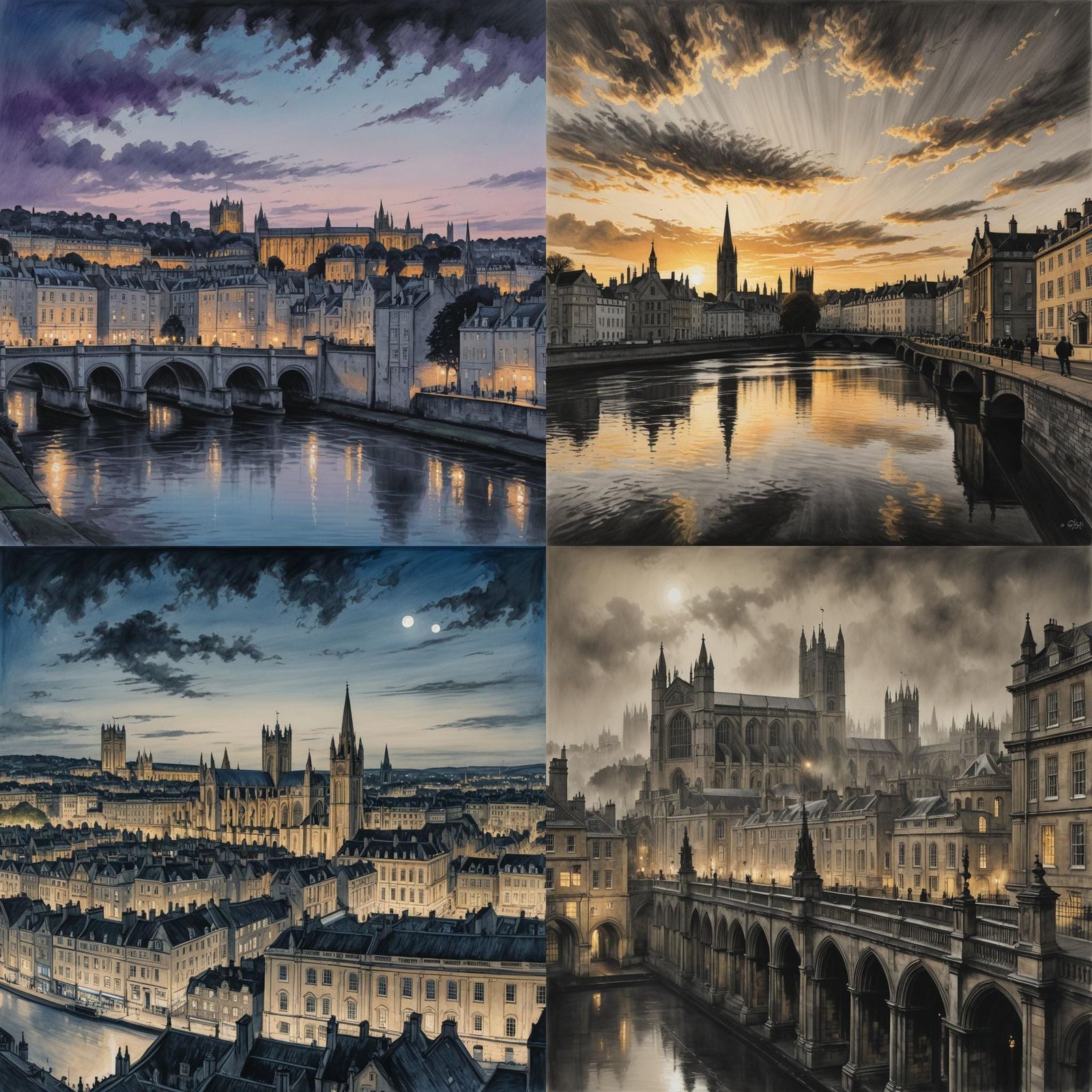 Charcoal Drawing of Bath Abbey and Royal Crescent