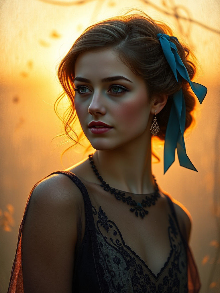 Elegant Woman in Golden Light: Art Nouveau Portrait