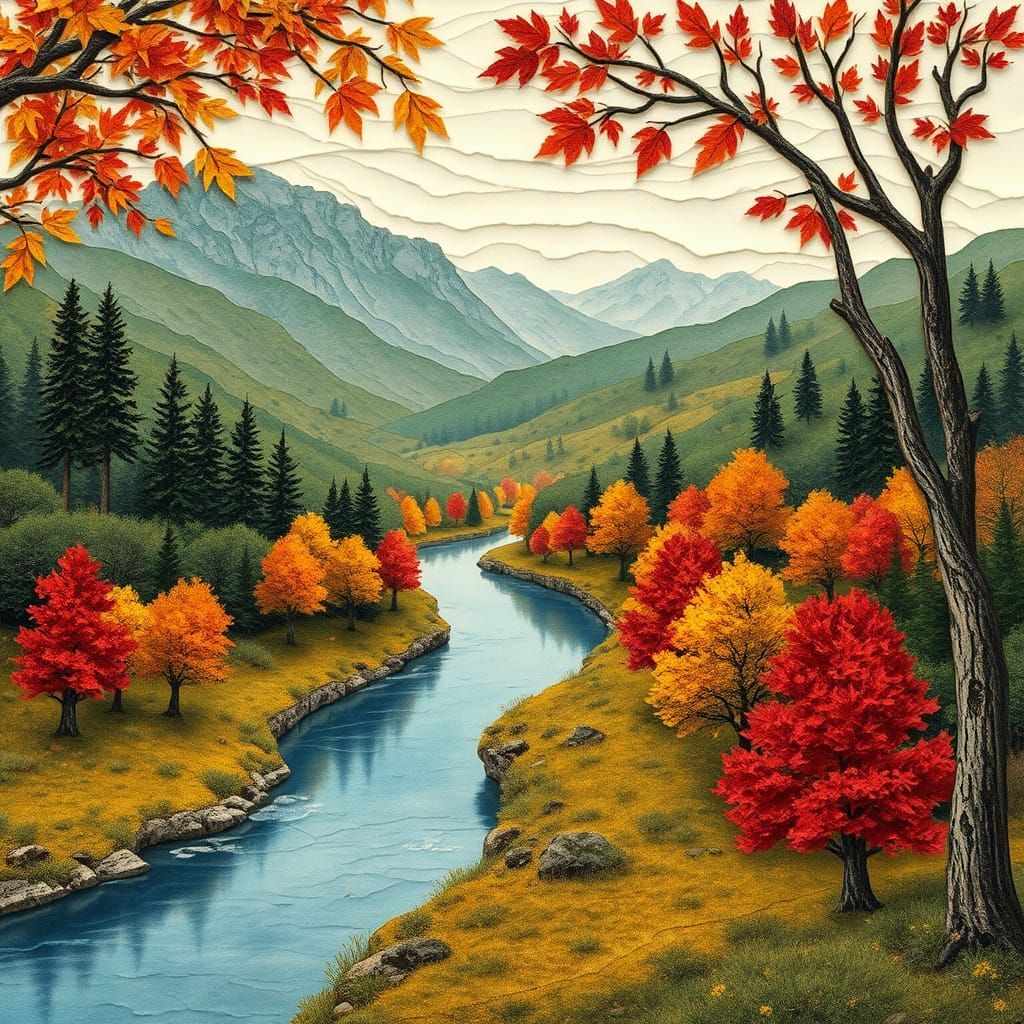 Autumn River Valley in Eric Carle Collage Style