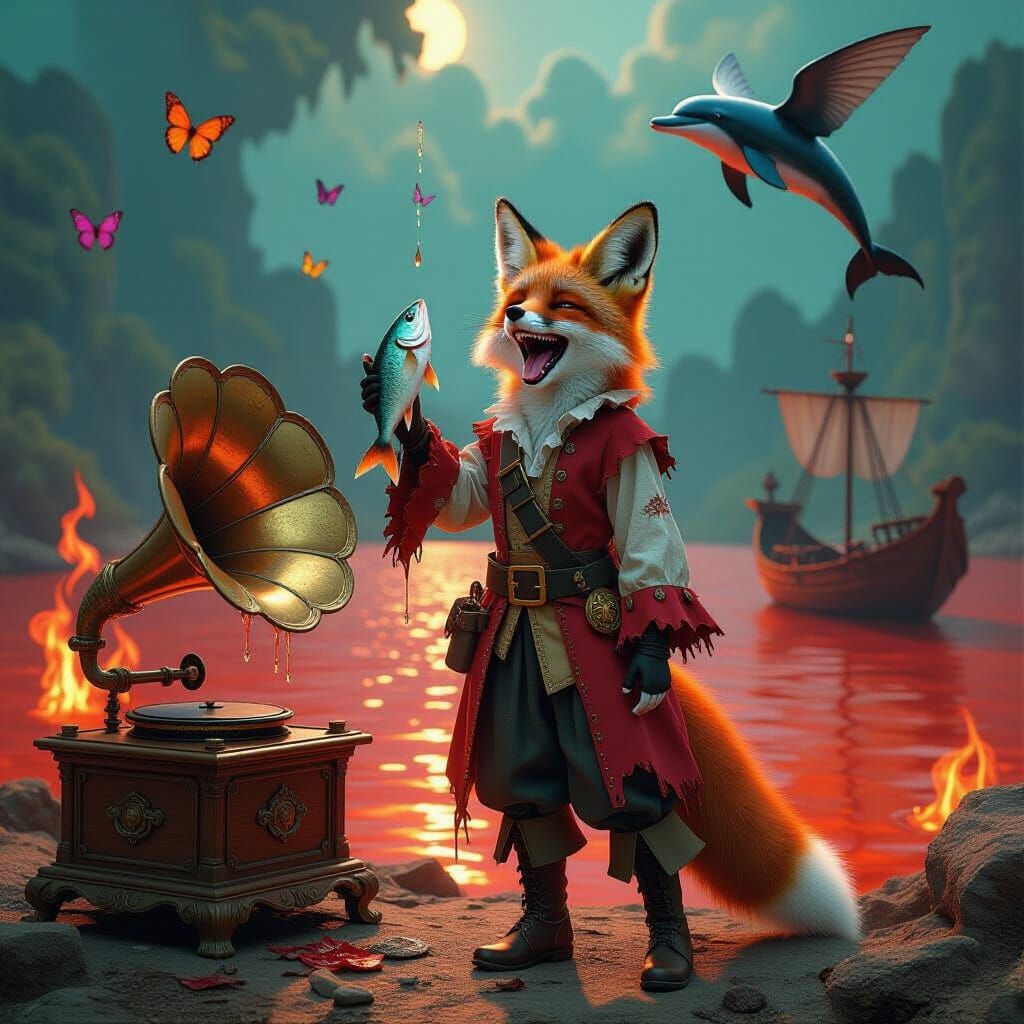 Surreal Pirate Fox Laughs with Fish Beside Gramophone