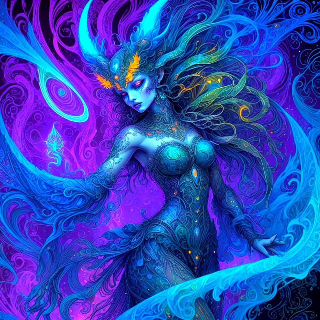 Psychedelic Painting of a Dancing Mystical Demon