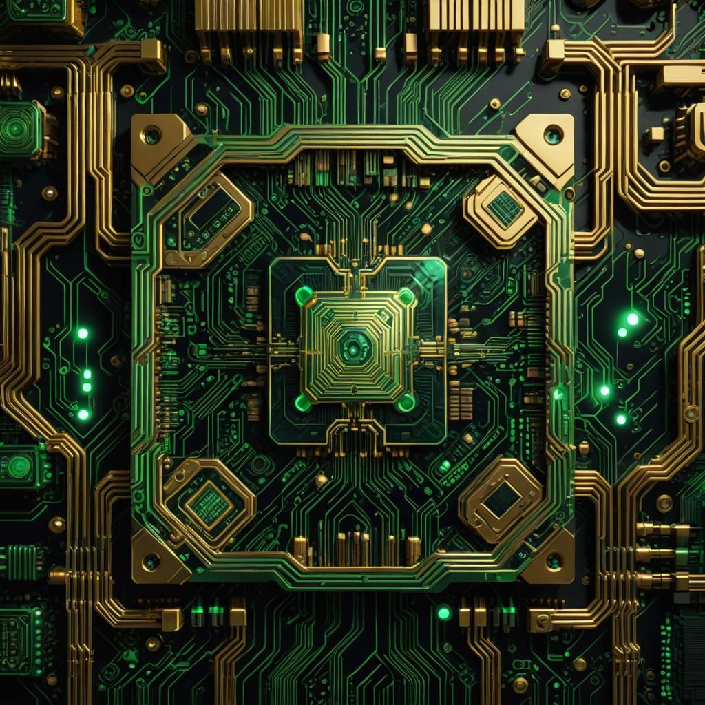 Golden Fractal Motherboard in Neon Noir Style