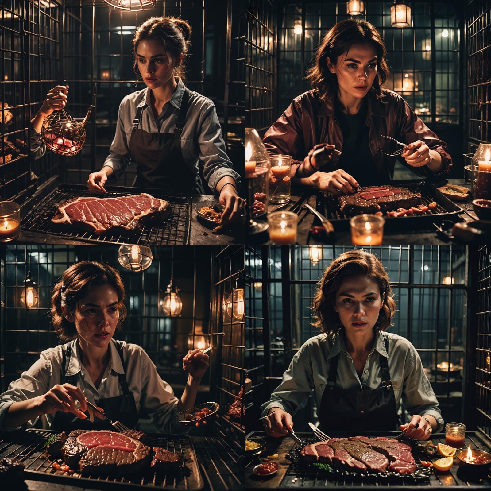 Transparent Woman Eating Steak: Cinematic Film Still
