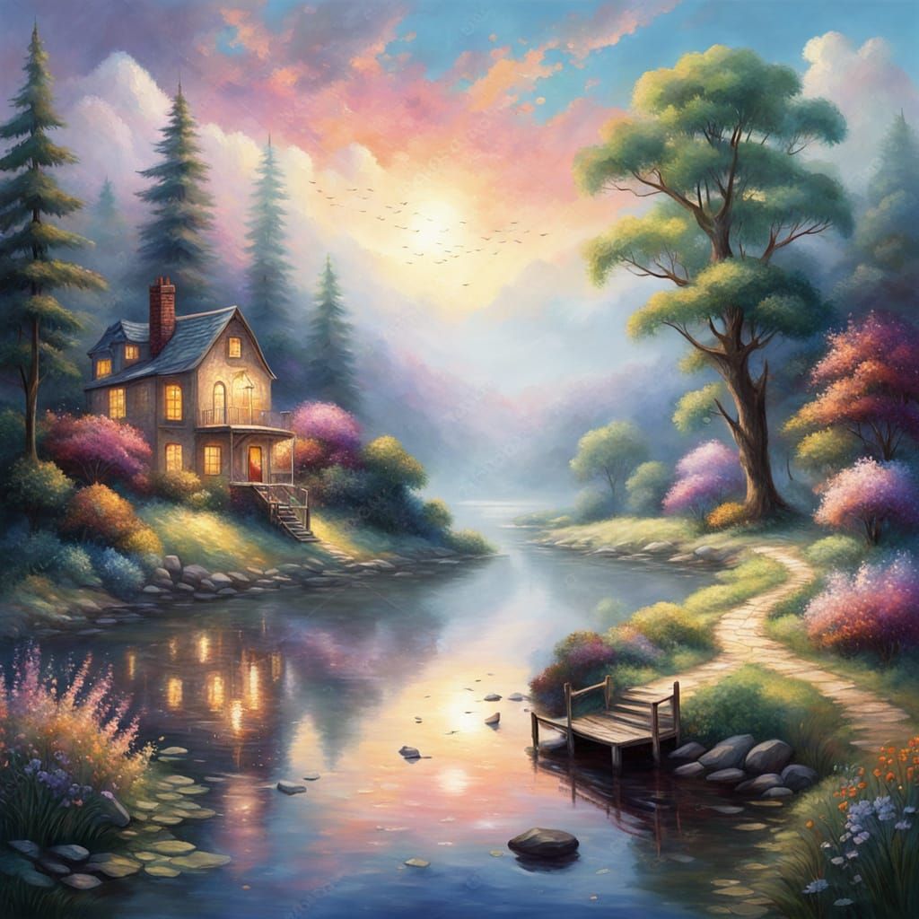 Ethereal Fantasy Landscape in Neo-Impressionist Style