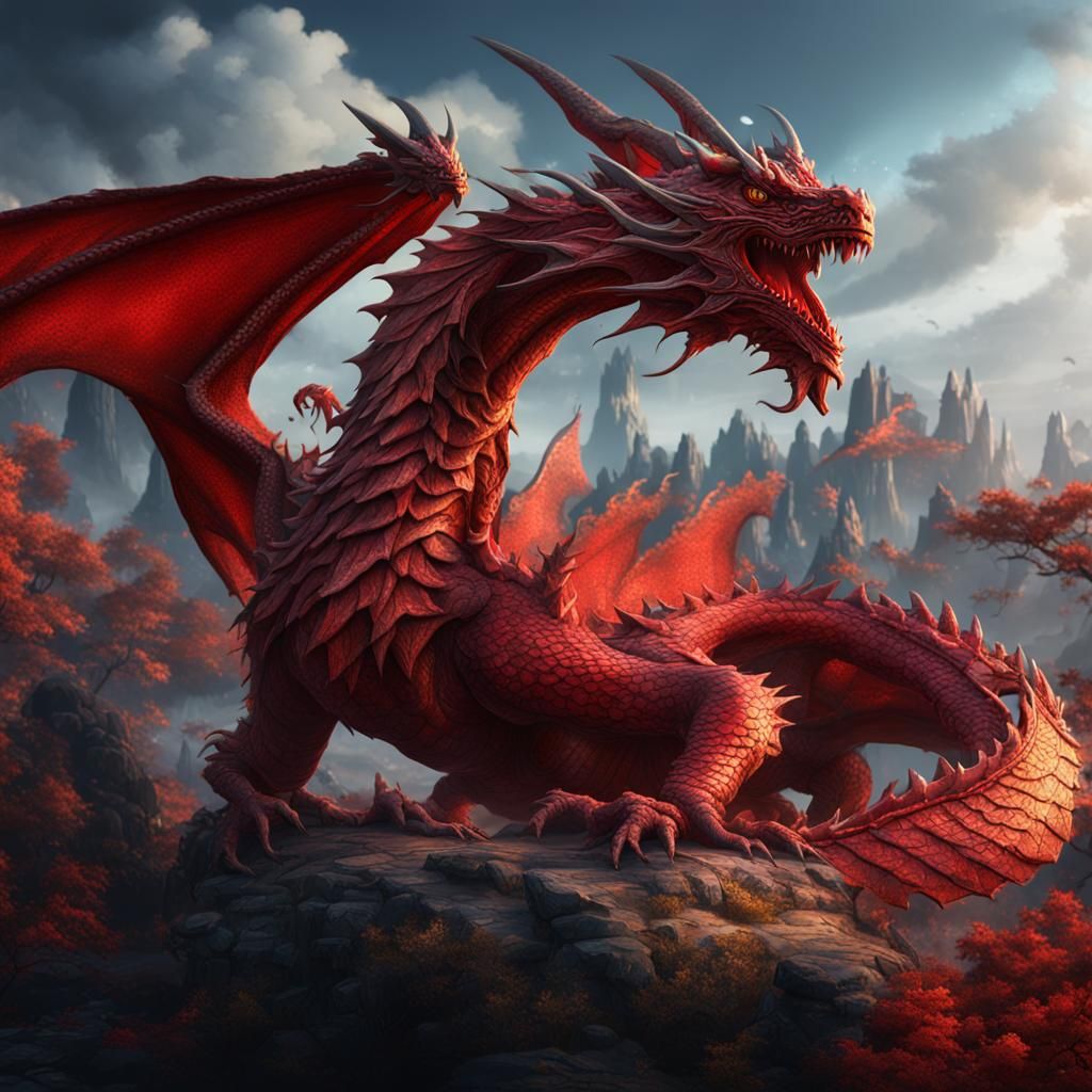 Scarlet Dragon Matte Painting in Detailed Fantasy Style