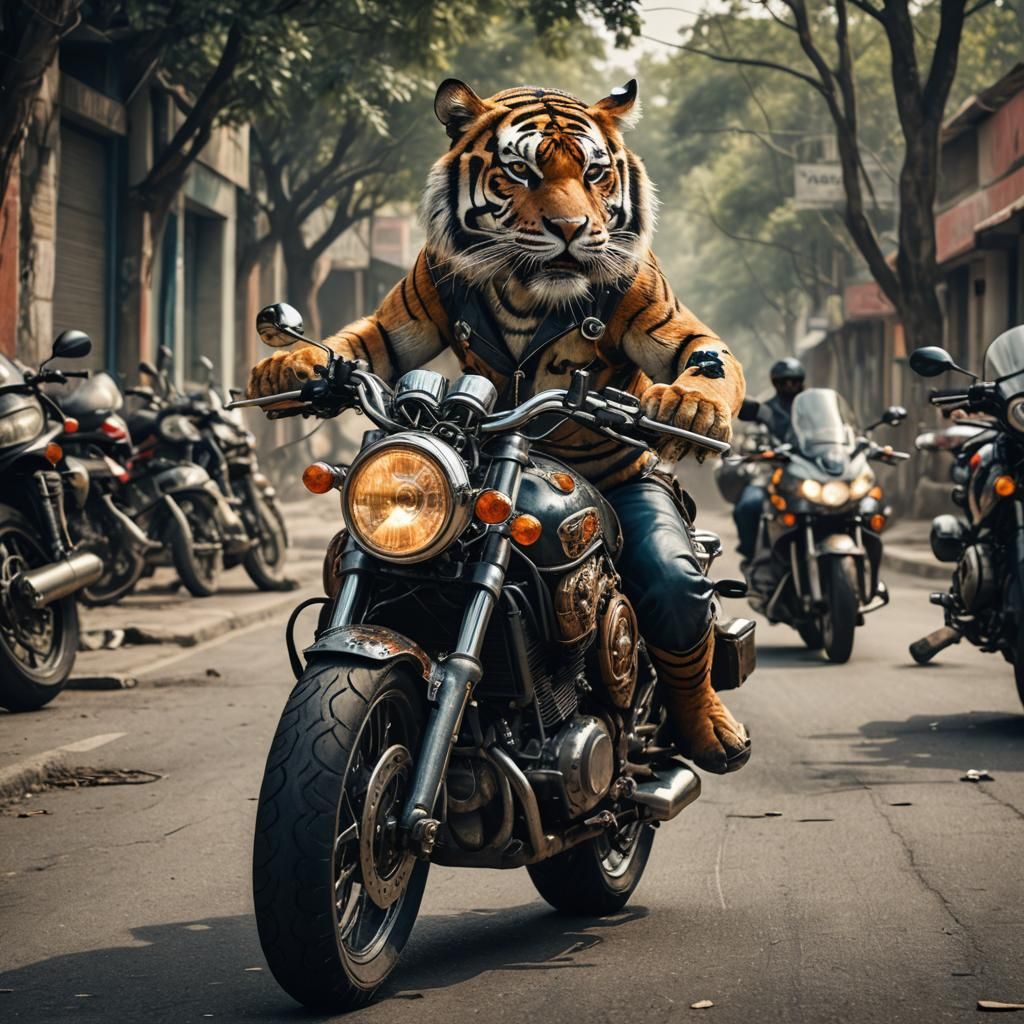Hyperrealistic Tiger Riding a Motorcycle
