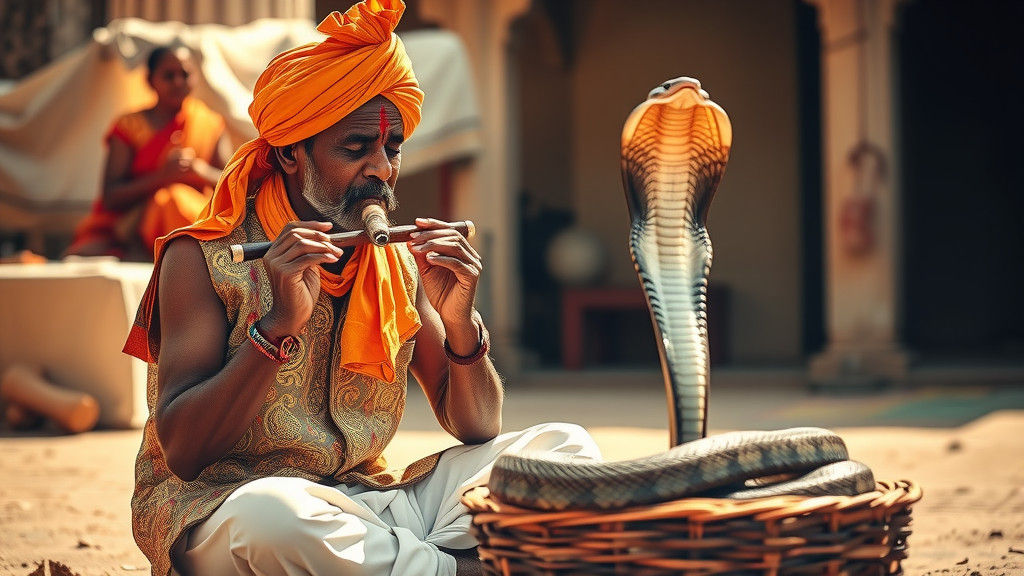 Indian Cobra Tamer and Serpent in Mystical Harmony