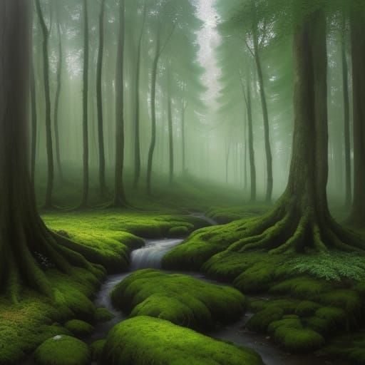 Impressionist Painting of a Dense Forest with Dappled Sunlig...