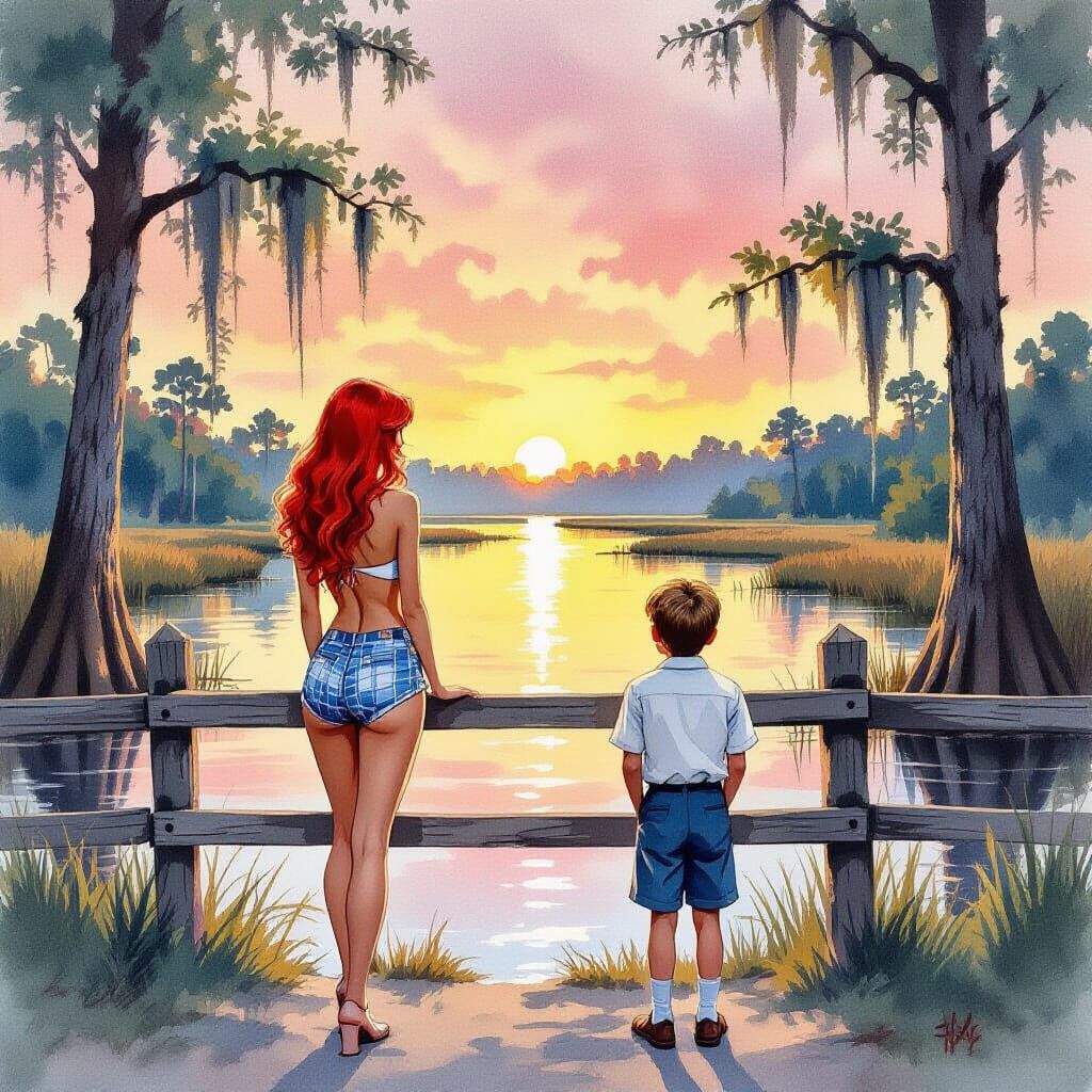 Bayou Sunrise with Figures in Gouache Watercolor Style
