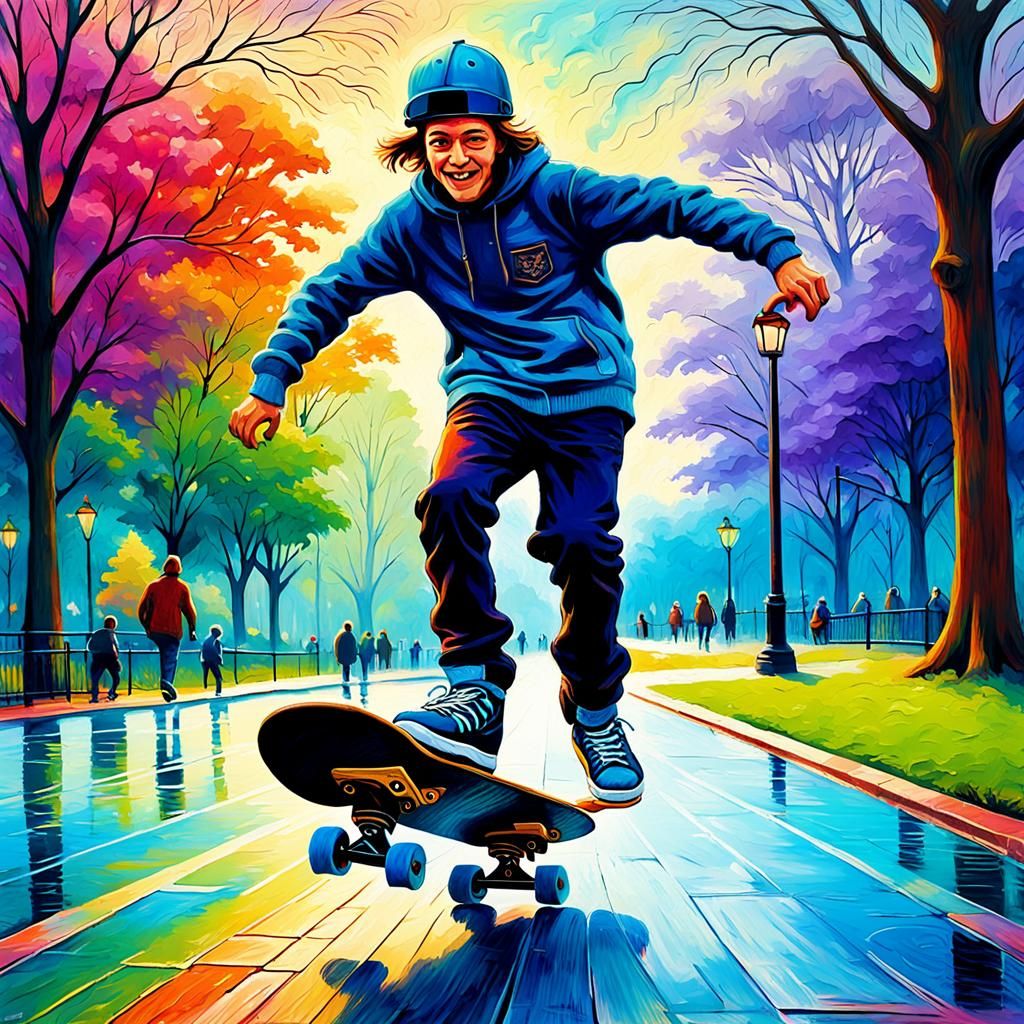 Colorful Embossed Skater in Park: Neo-Impressionist Style