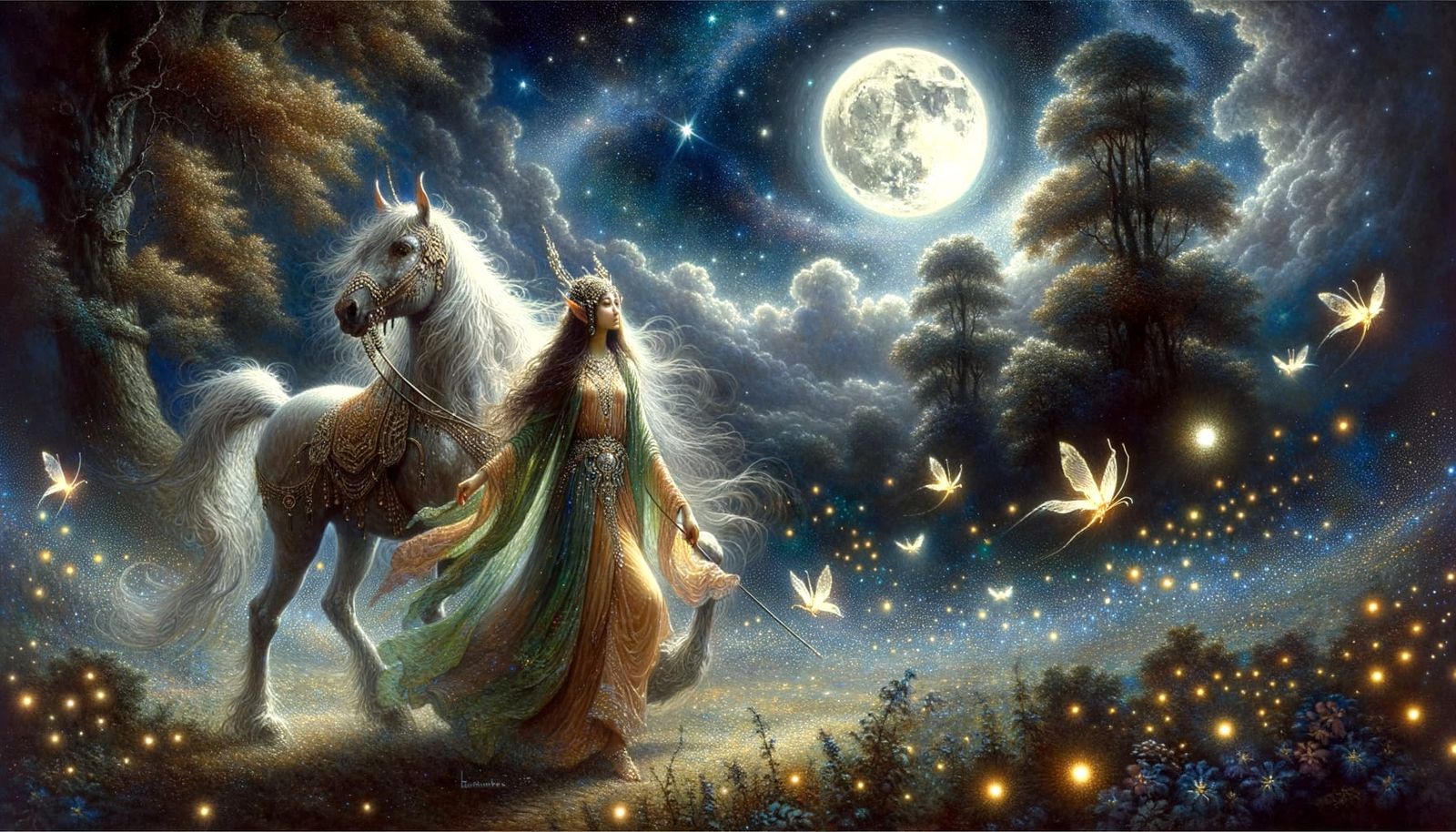 Elven Princess in Moonlit Glade with Fireflies