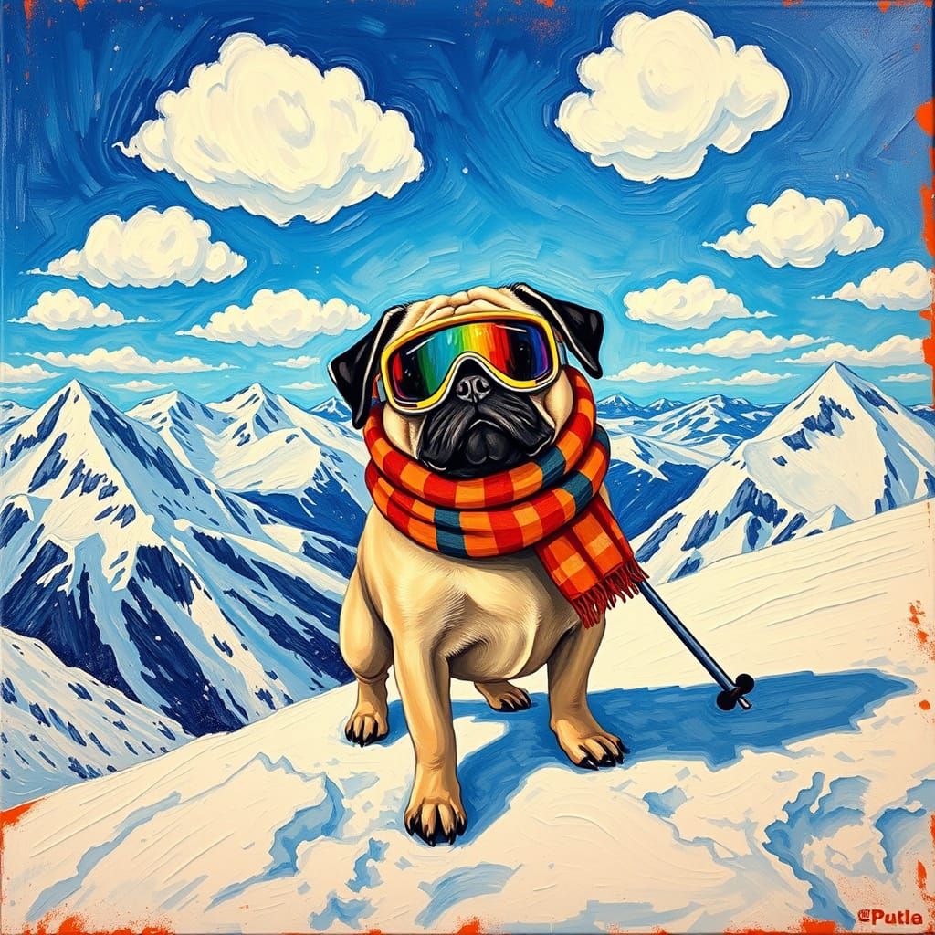Vibrant Pug Skier Conquers Snowy Peaks in Neo-Impressionist ...
