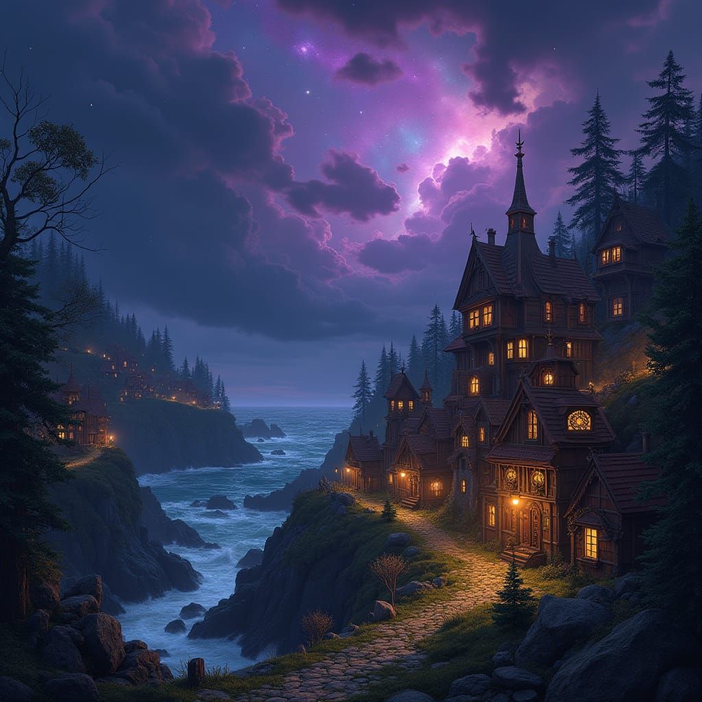 Steampunk Village at Night with Glowing Forest