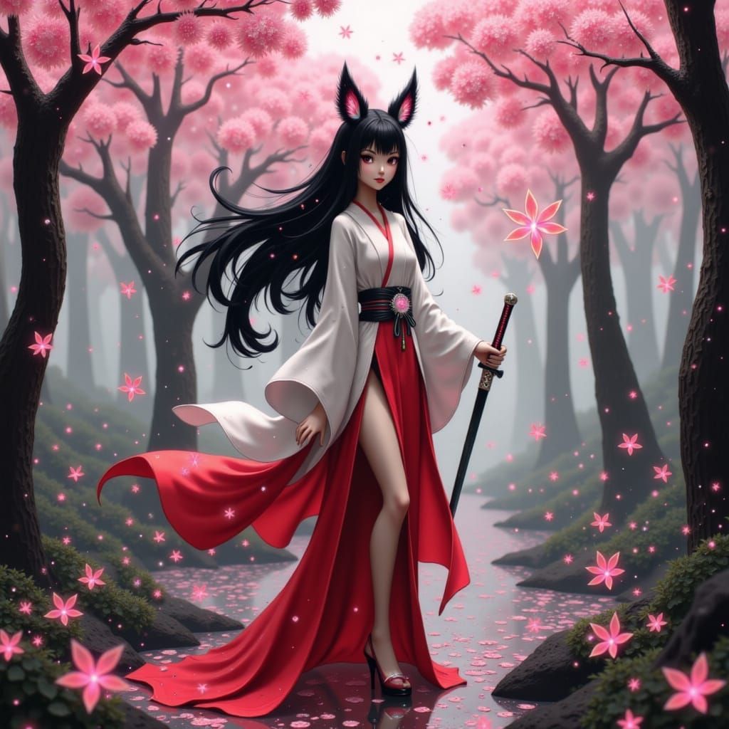 Kitsune in Cherry Blossom Forest with Elemental Tails
