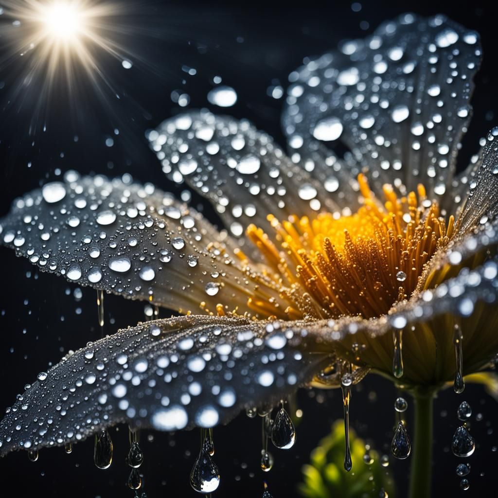 Sparkly Flower with Raindrops on Black Background
