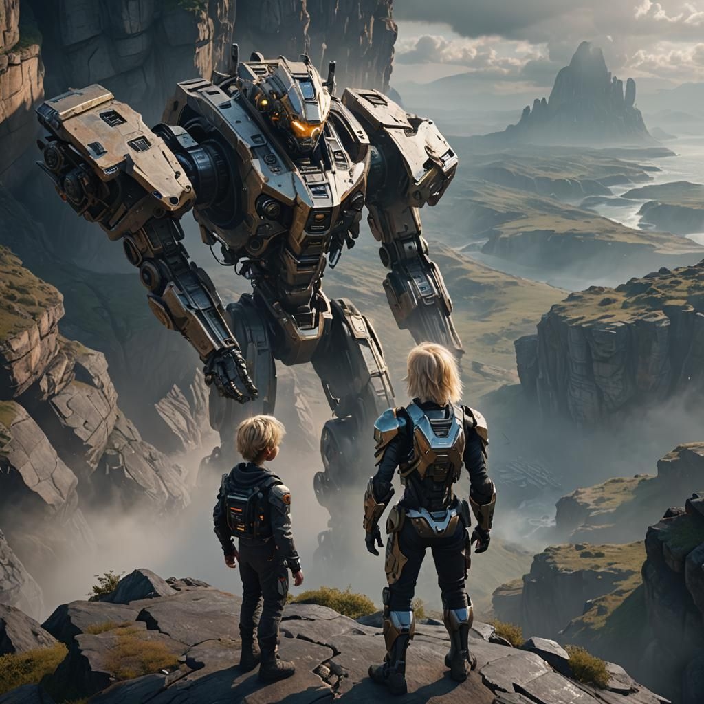 Sci-Fi Boy on Cliff Edge at Dawn