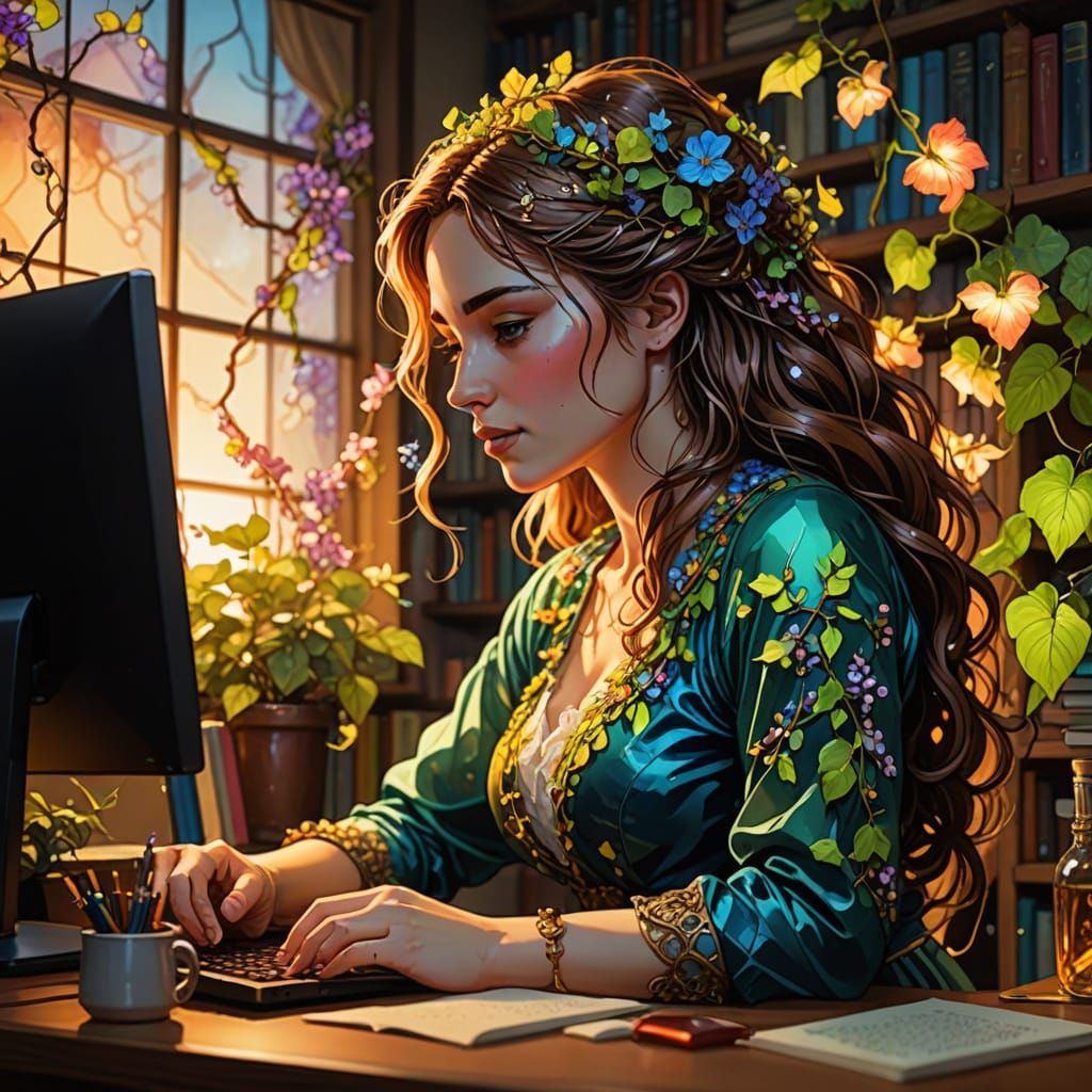 Alcohol Ink Storybook Girl at Computer