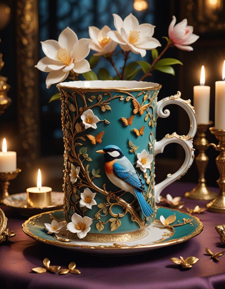 Wonderland Bird Porcelain Mug with Golden Details