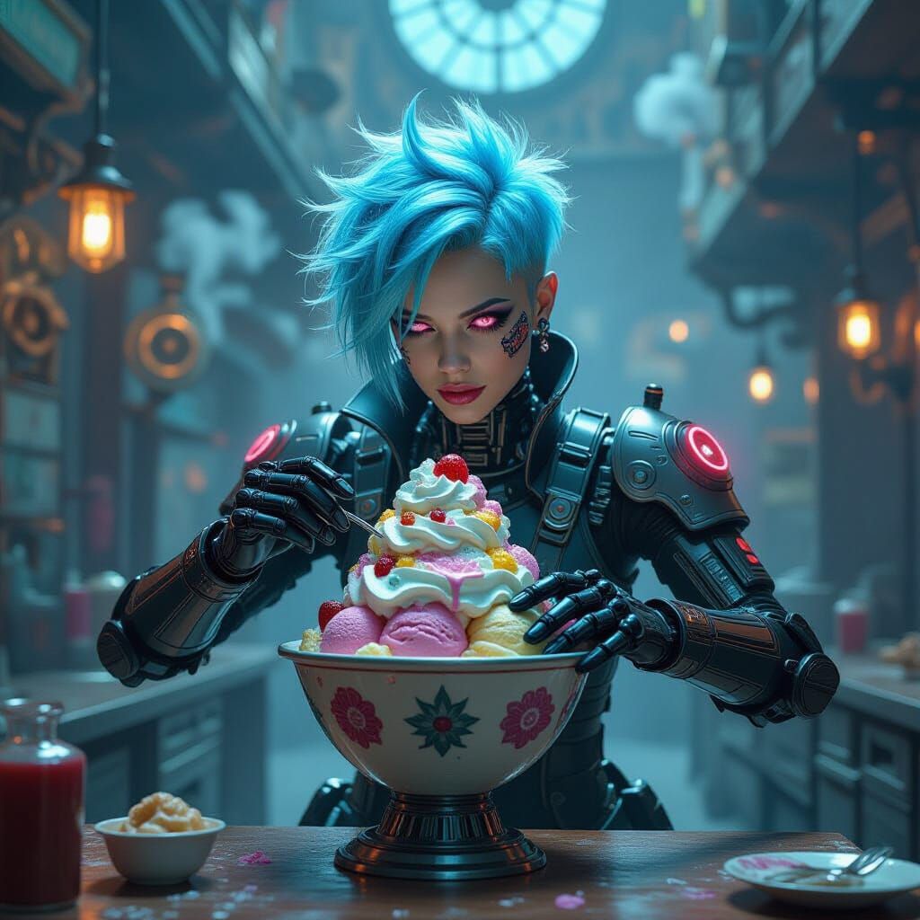 Gothic Cyborg Ice Cream Chef in Steampunk Parlor