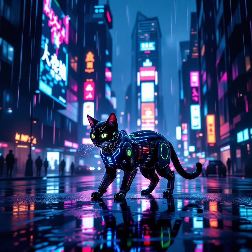 Cybernetic Cat in Futuristic Neon Metropolis
