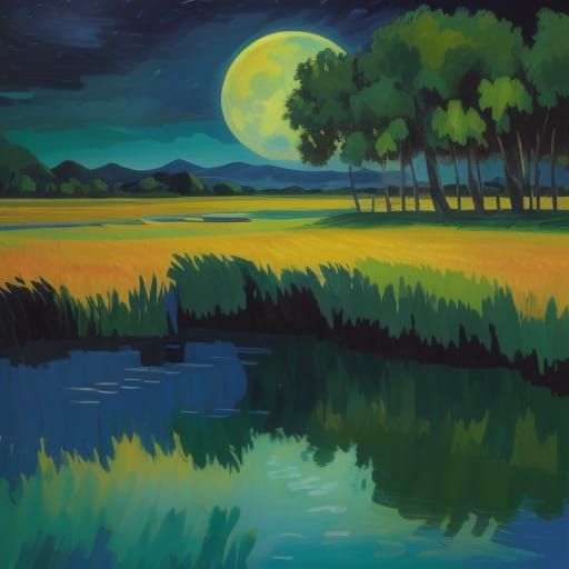 Gauguin-Inspired Moonlight Landscape in Impressionist Style
