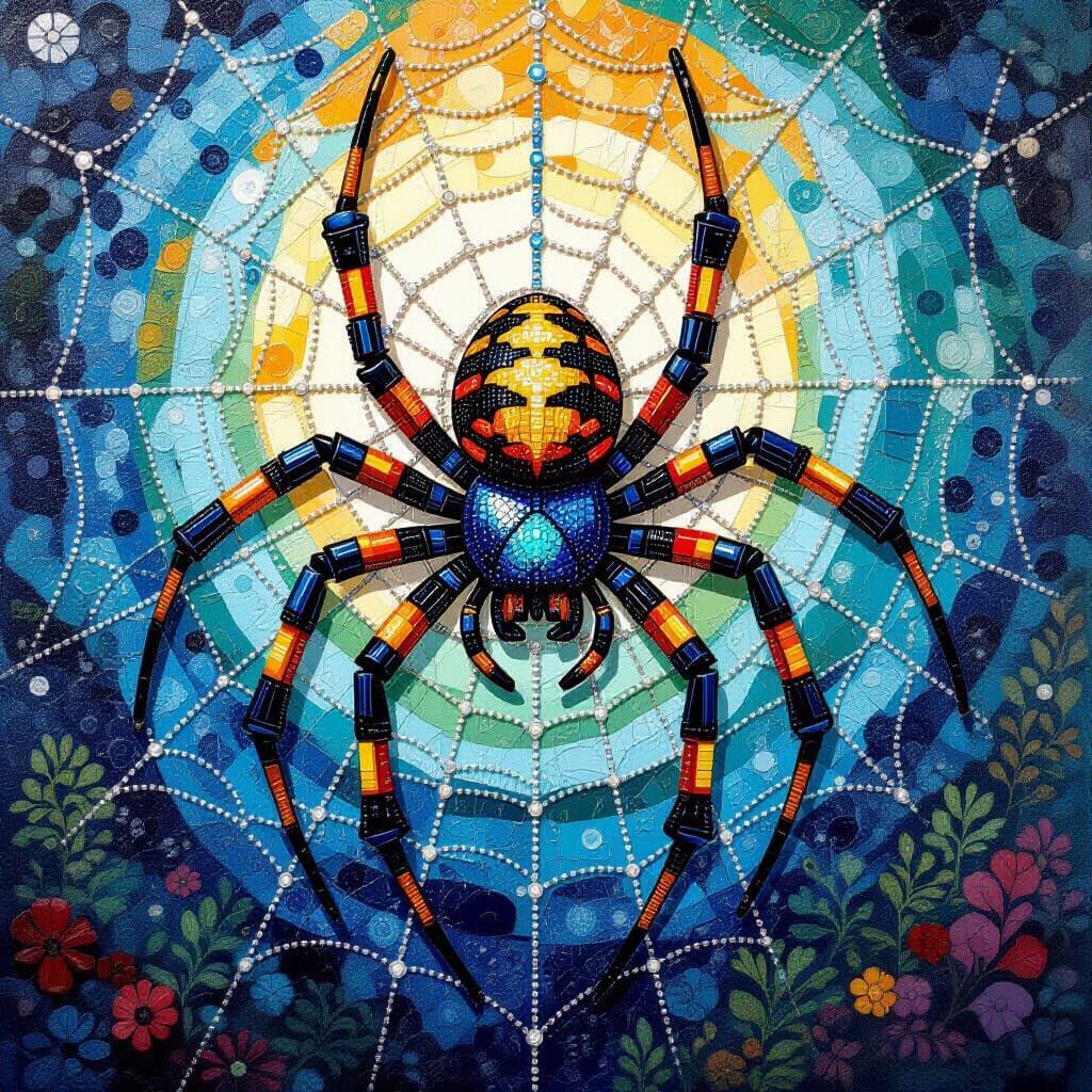 Beadwork Spider Hanging on a Massive Web