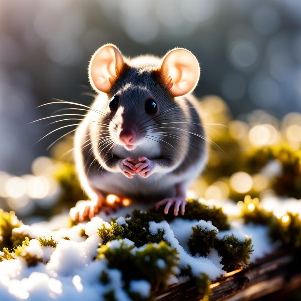 Crystal Mouse on Mossy Log in Snowy Forest