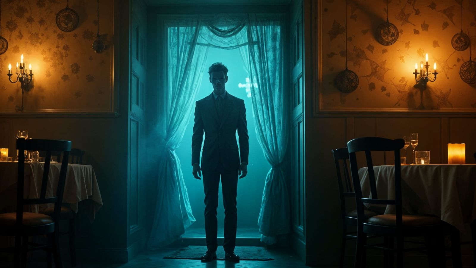 Ghostly Man Greets Woman in Dim Restaurant