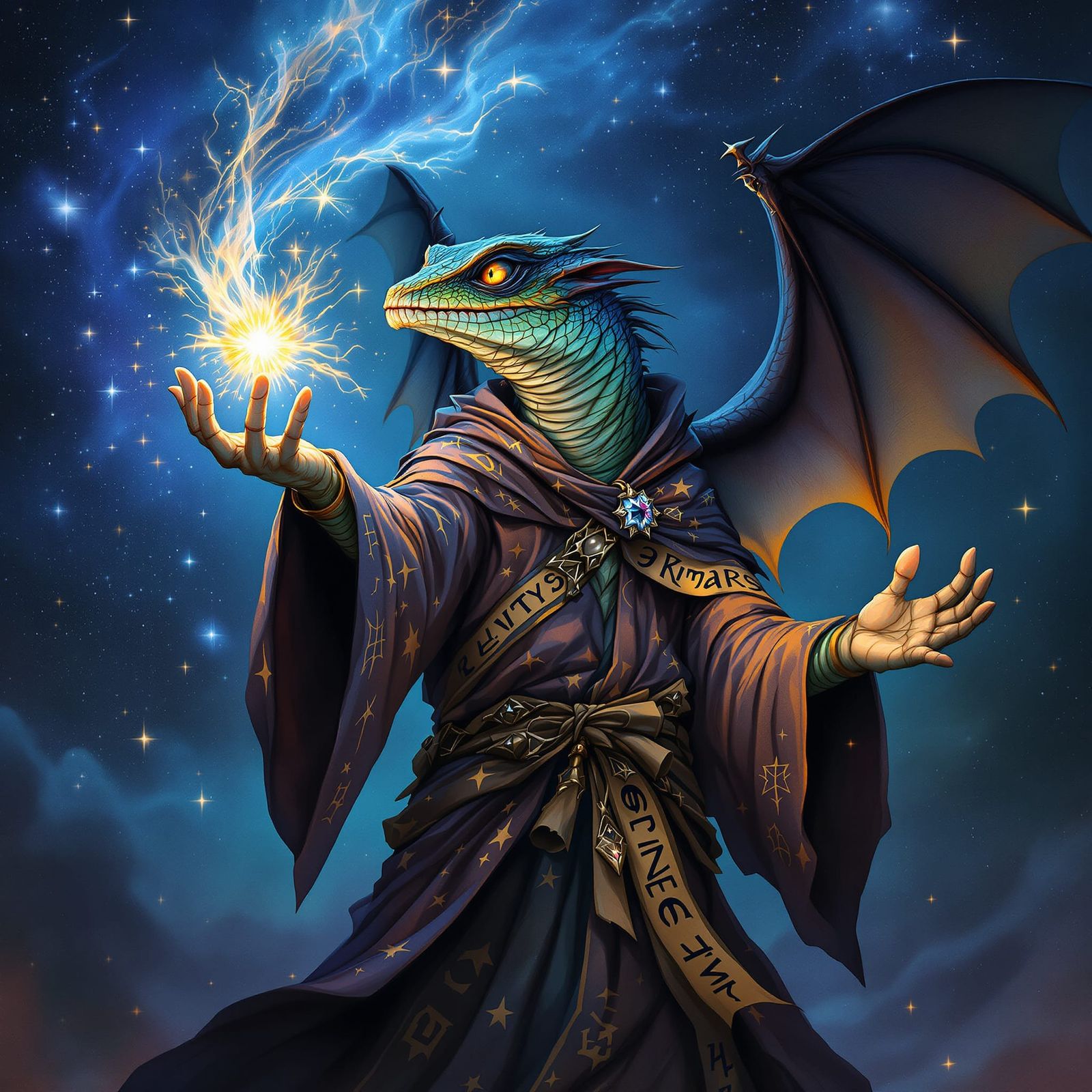 Lizard Wizard with Bat Wings Casting Spell