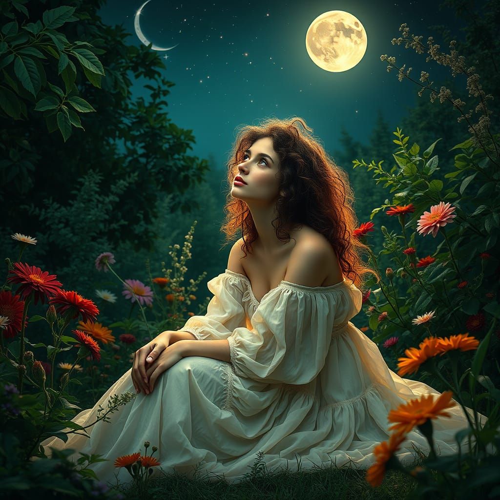 Ethereal Woman Lost in Starry Night Garden