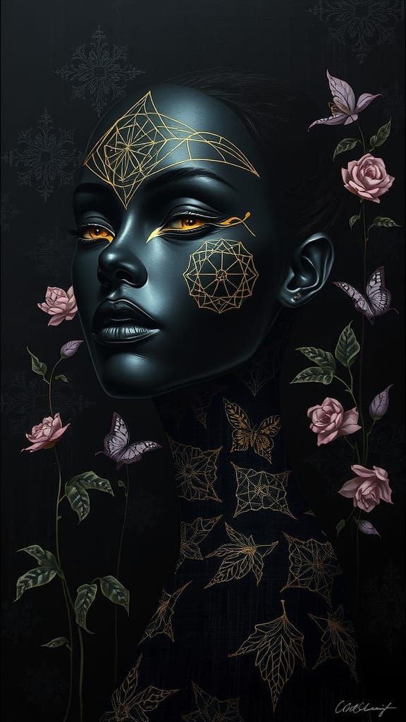 Dark Moody Atmosphere a black porcelain female face with geometric gold patterns