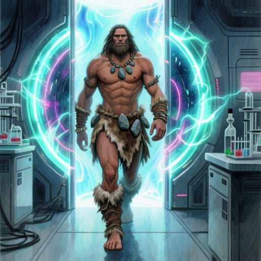 Stone Age Man Emerges from Futuristic Portal