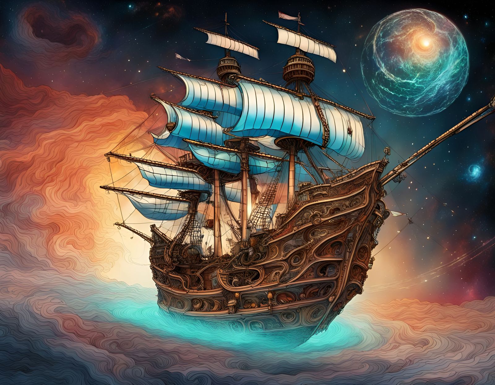 An intricate line drawing of a magnificently antiquated cosmic Spanish Galleon drifting through space in the wake of a b...