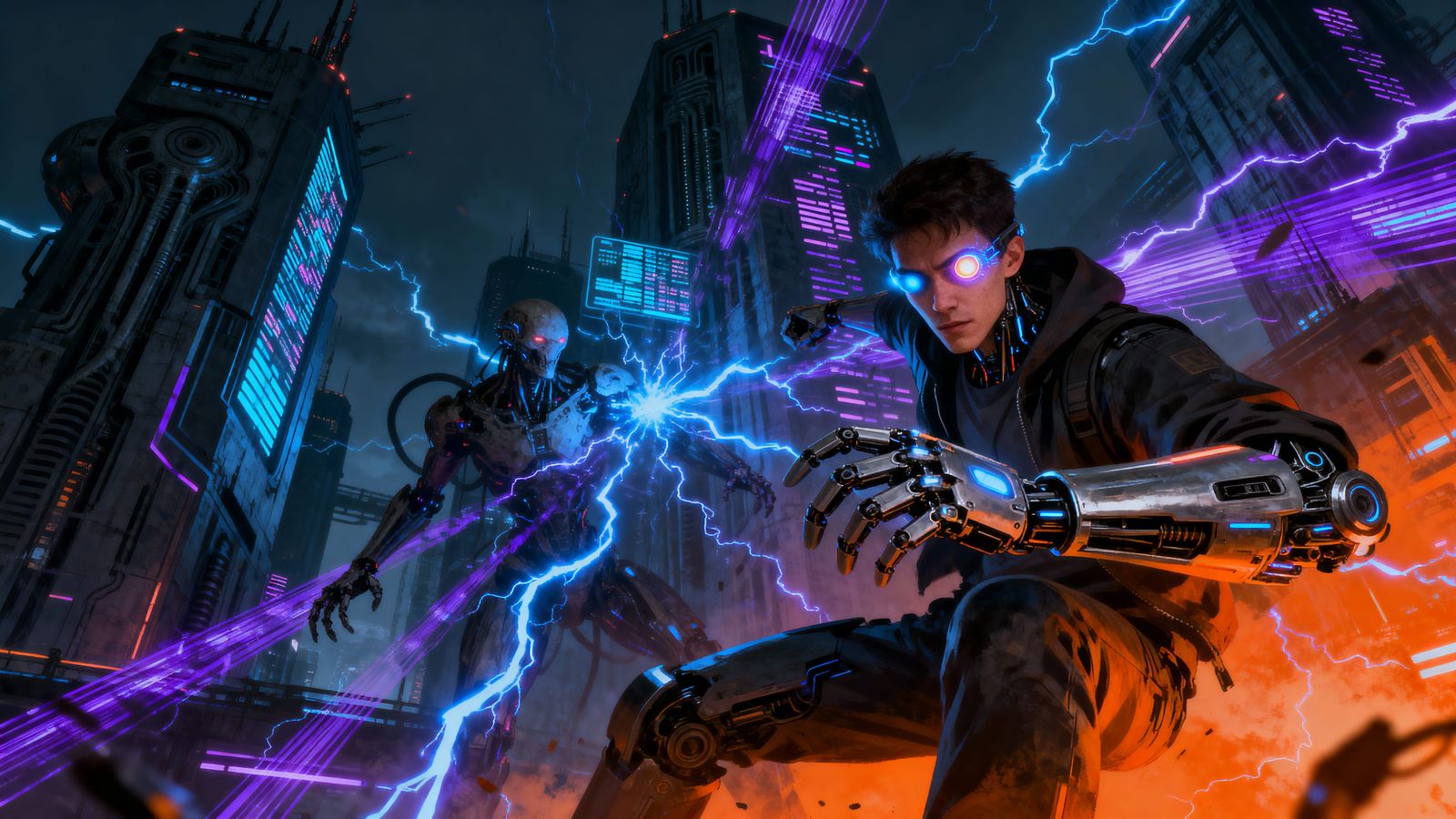 Cyberpunk Hacker Battles Digital Security in Neon City