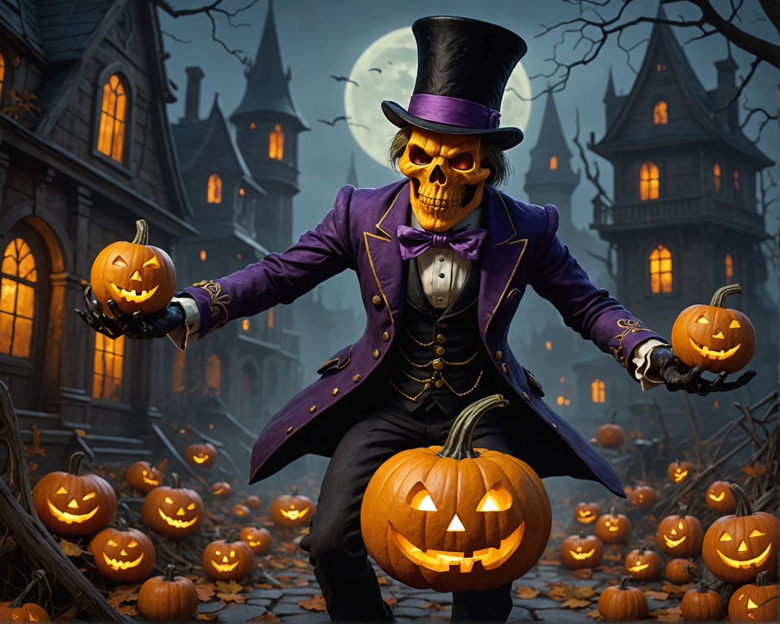 Skeleton Carries Jack O'Lantern in Dark Fantasy Art