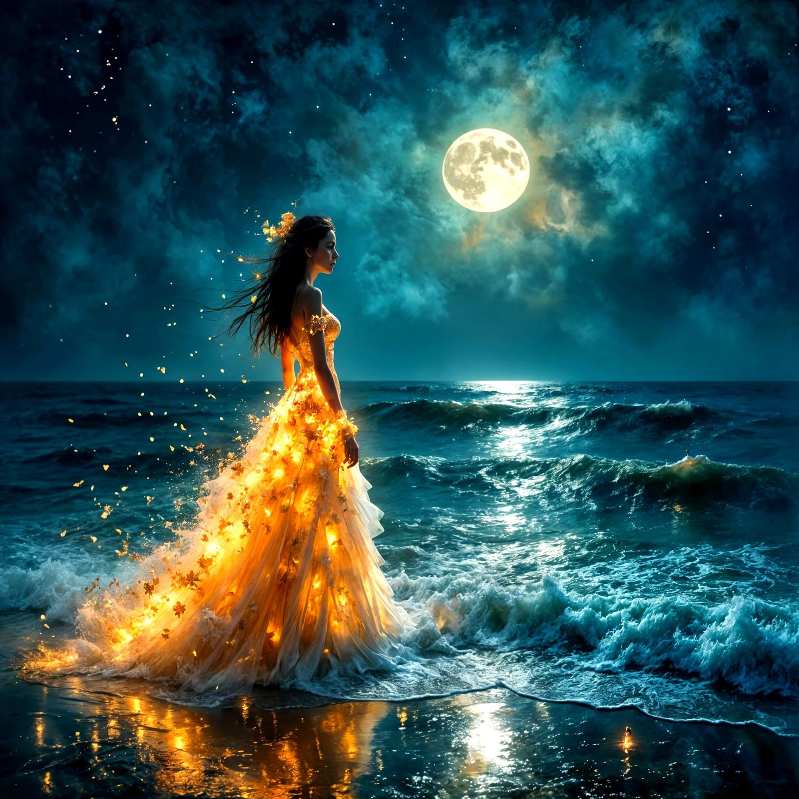 Woman's Gown Merges with Ocean Foam Under Moonlight
