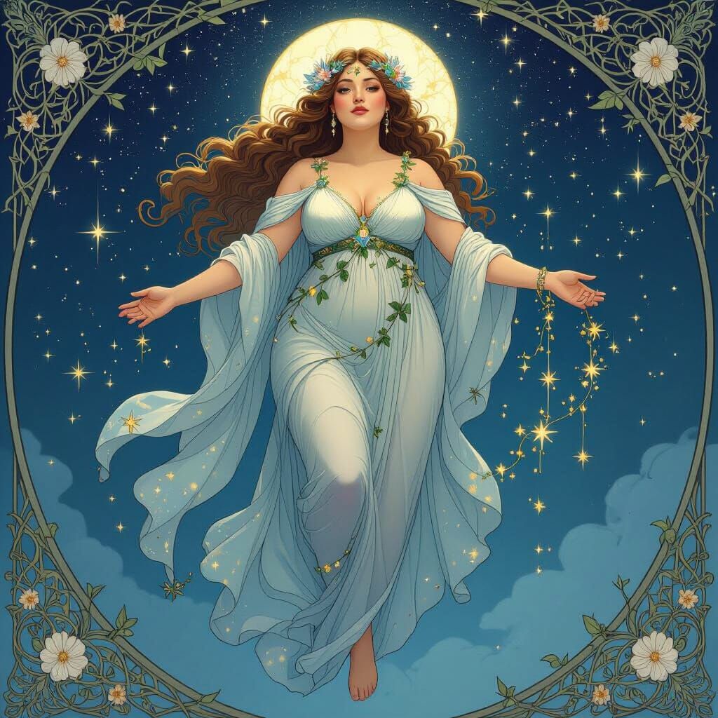 A plus-size nature goddess adorned with vines and flowers, s...