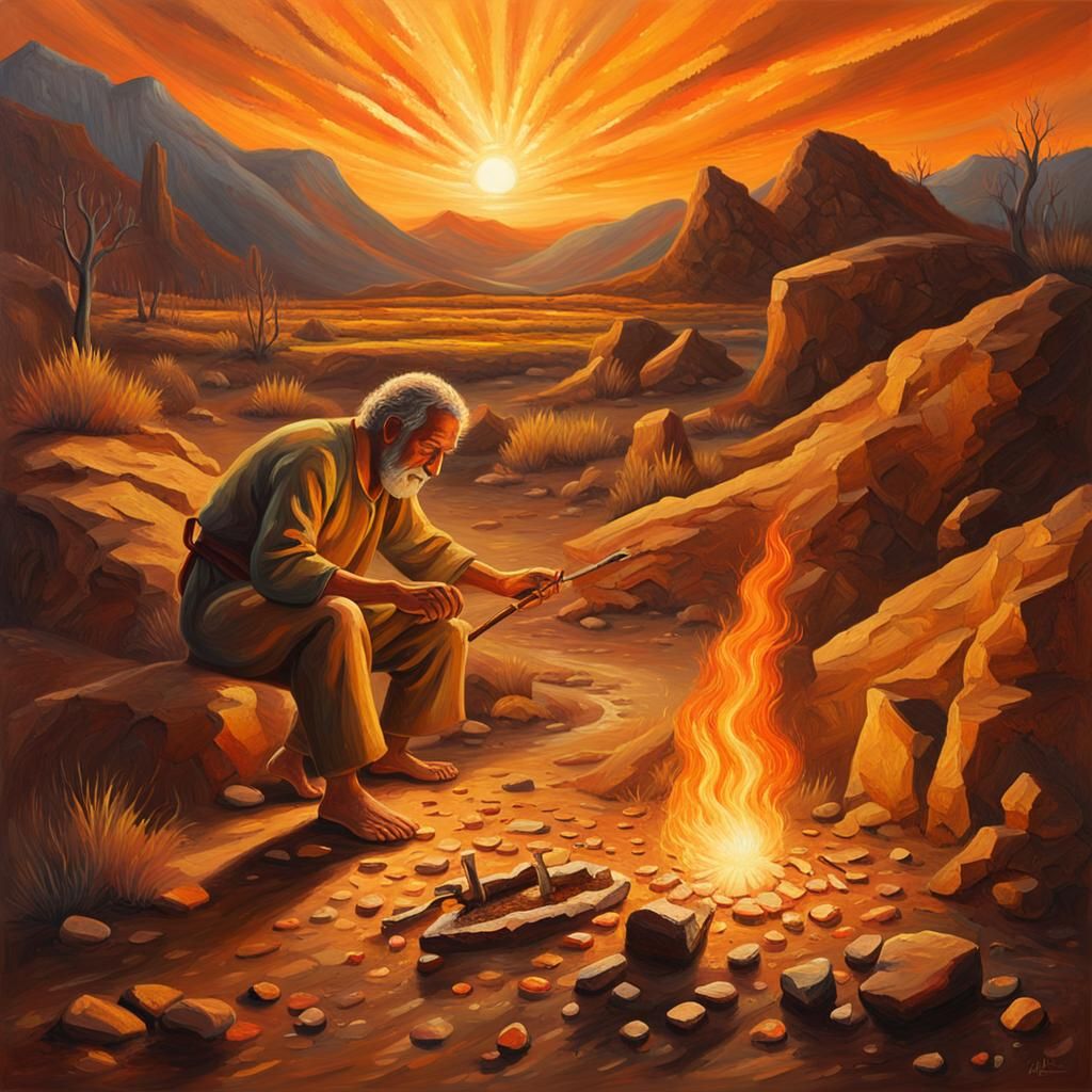 Ancient Human Discovers Fire in Oil Painting