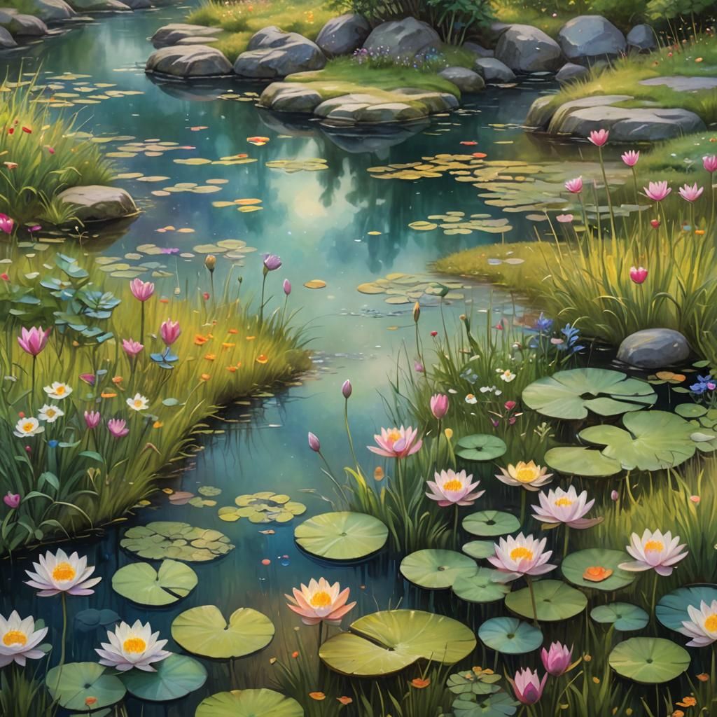 Heart-Shaped Pond in Whimsical Art Nouveau Landscape