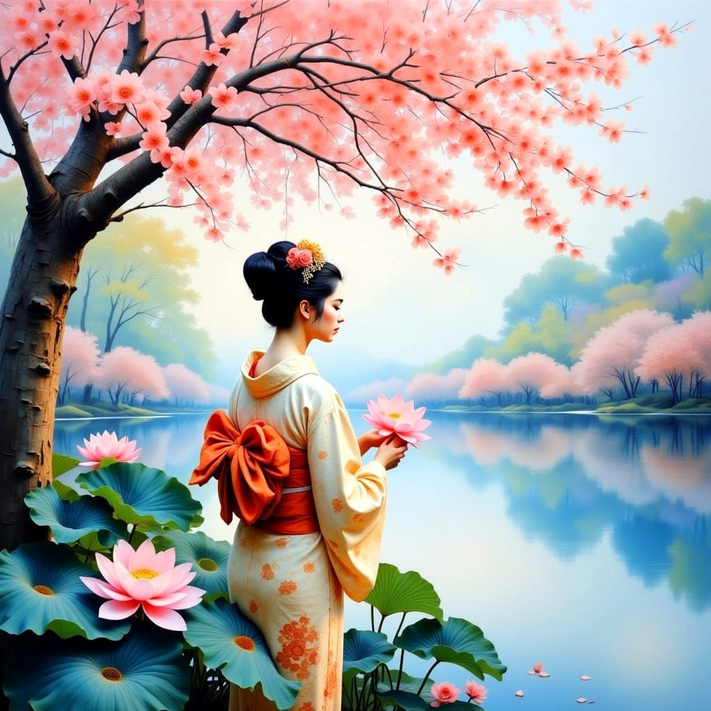 Serene Geisha in Traditional Japanese Watercolor Style