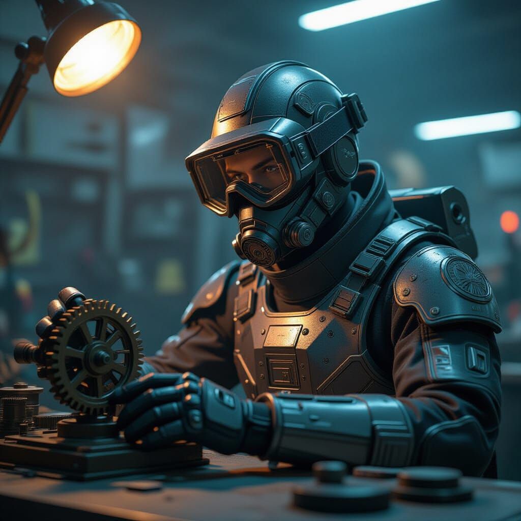 Goggles-Wearing ПАН ГУРМАН Adjusts Automaton Gears