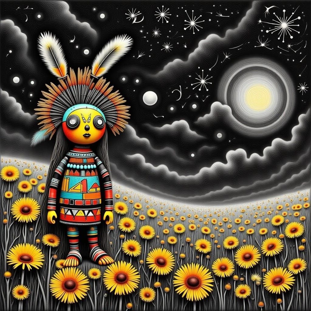 Kachina Doll in Surreal Dandelion Dreamscape