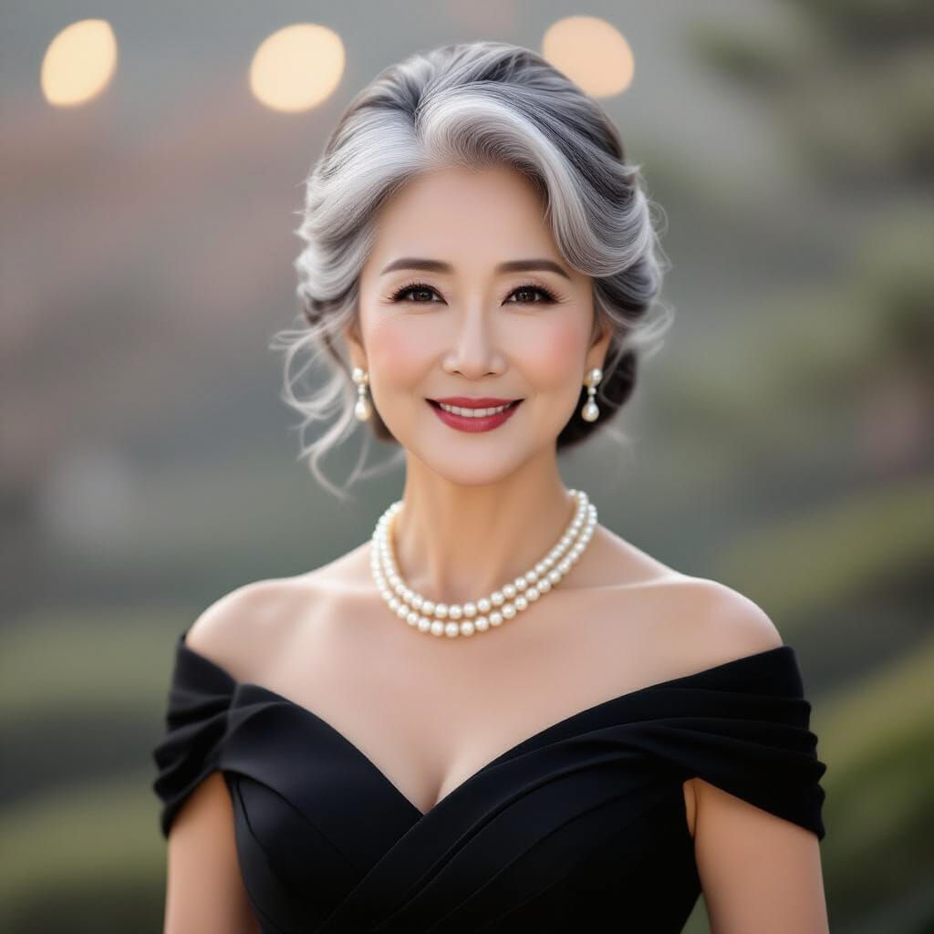 Elegant Korean Woman in Black Evening Gown