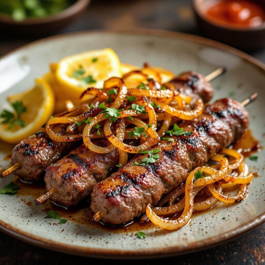 Sheek Kebab Still Life with Caramelized Onions