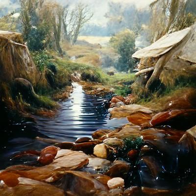 Tranquil Stream in Oil Painting Style