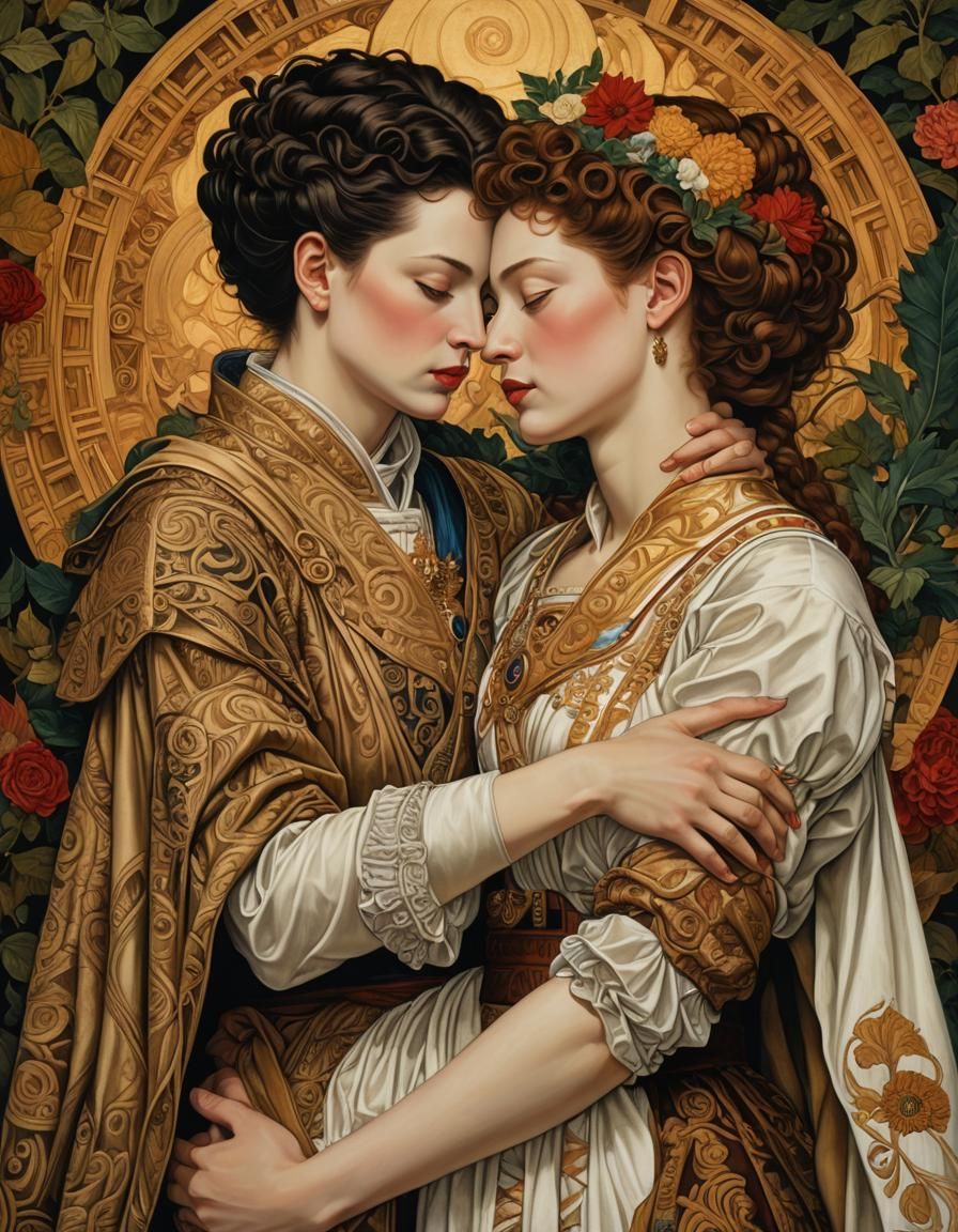 Lesbian Couple Embracing in Matte Oil Painting