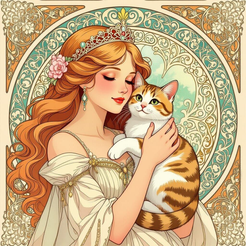 Princess with Cat in Art Nouveau Style