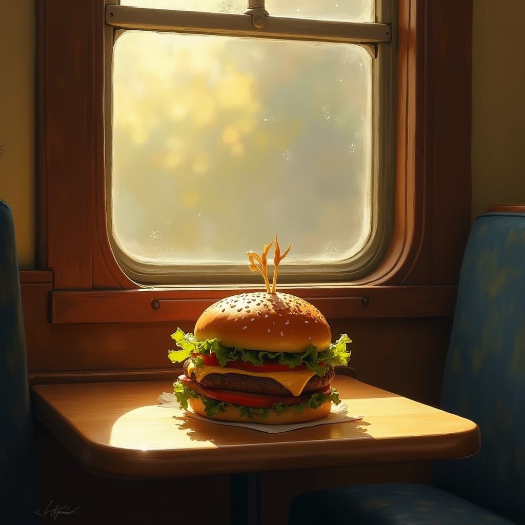 Juicy Cheeseburger in Vintage Train Carriage at Sunrise