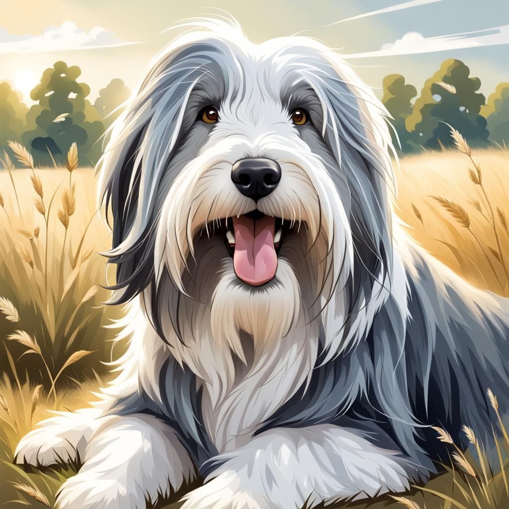 Bearded Collie in Field, Comic Art Style
